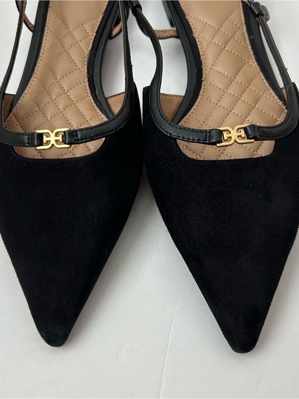 Sam Edelman Cohen Suede Slingback Pointed Flats Black Gold 9 - Picture 3 of 16